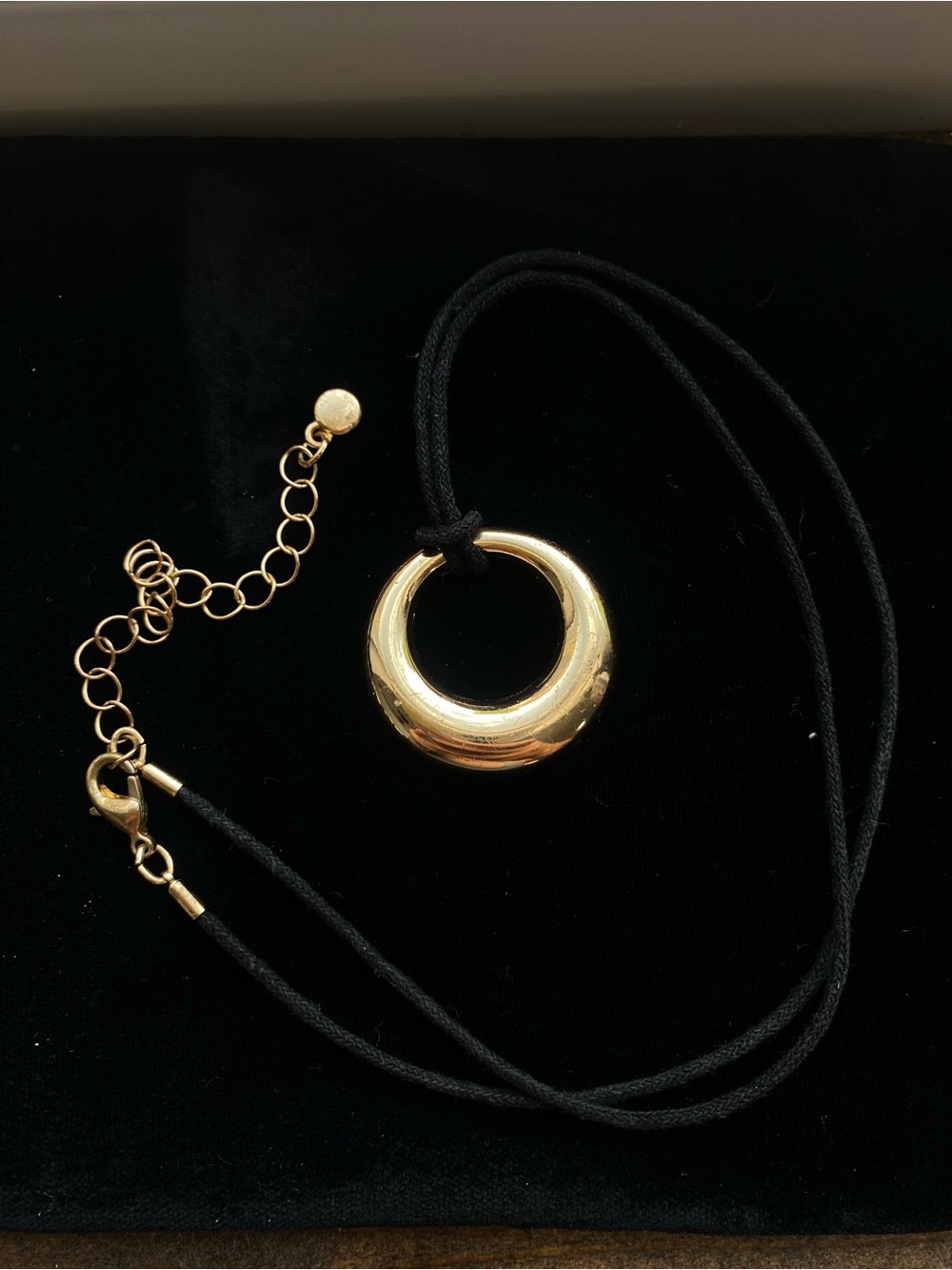 Gold Crescent Pendant Necklace on Black Cord